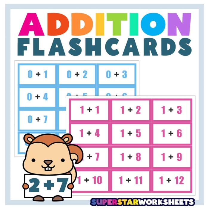 Simple addition flash cards with bright colors encouraging young learners to count and solve Preschooler counting colorful addition problems with numbers and objects for basic math practice