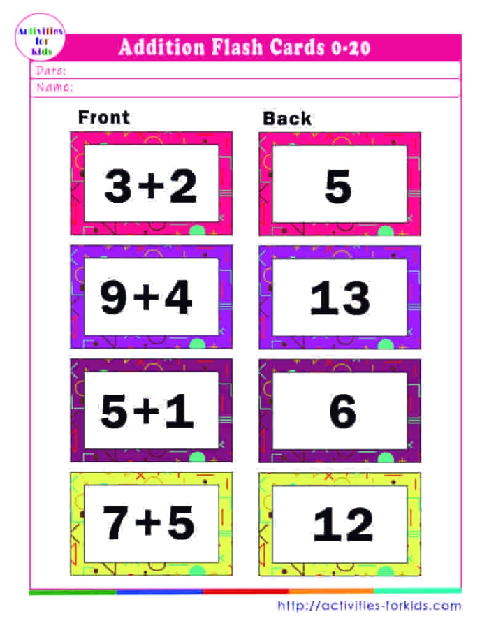 Simple addition worksheet for pre-K students with bright illustrations and counting practice Preschool addition flash cards with colorful counting objects for early math learning
