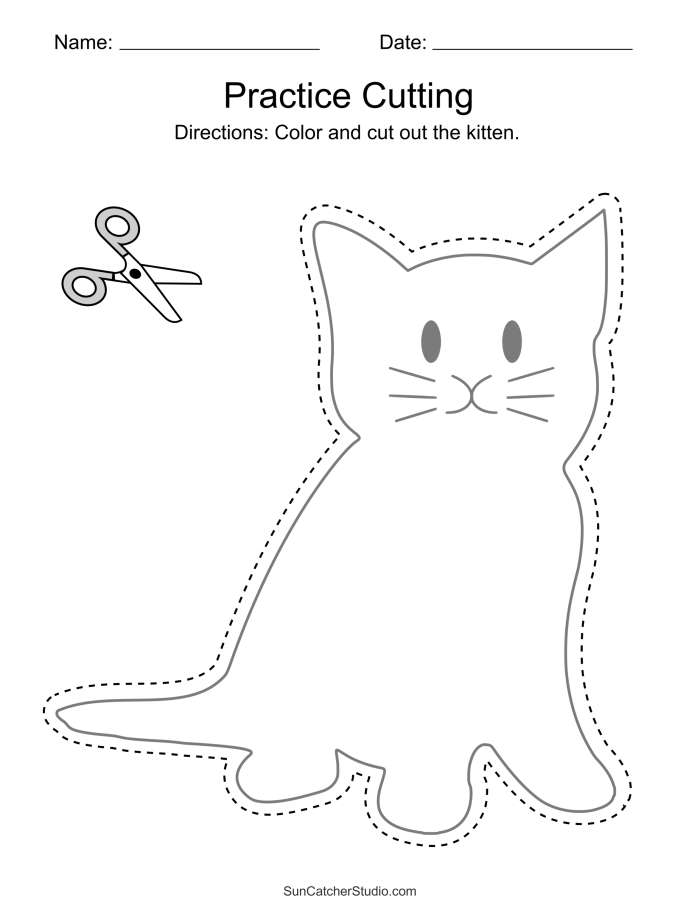 Airplane cutting practice worksheet for preschoolers to enhance fine motor skills Preschool cutting practice worksheet featuring an airplane flying in the sky