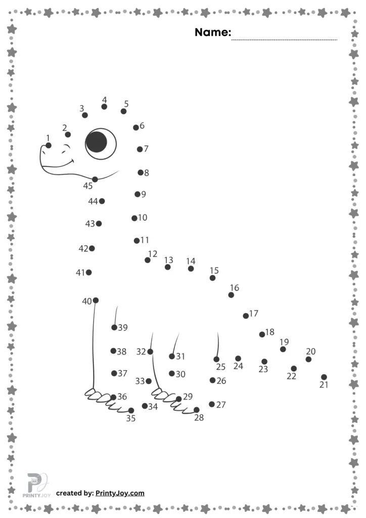 Connect the dots dinosaur alphabet activity sheet 25 Preschooler dinosaur dot to dot worksheet featuring letters A through Z for alphabet practice