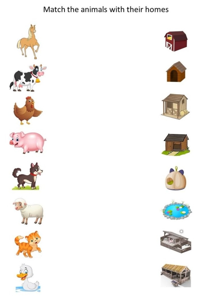 Animals and Their Homes Counting and Matching Practice Worksheet 7 Preschool worksheet featuring matching activities for animals and their natural habitats