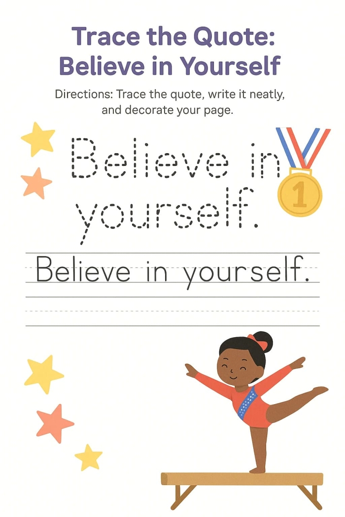 Preschool handwriting practice worksheet featuring Olympic gymnast Simone Biles for tracing and coloring