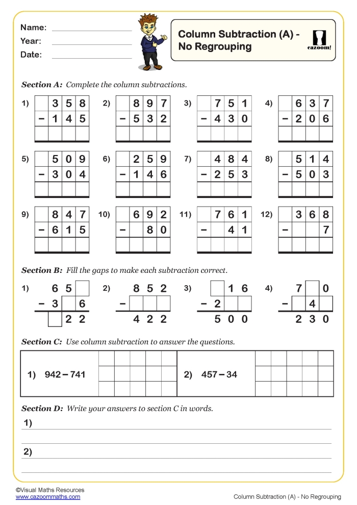 Preschool student worksheet for practicing basic subtraction problems with numbers one through five