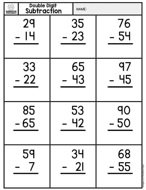 Preschooler worksheet showing beginning subtraction problems with numbers 1 to 5