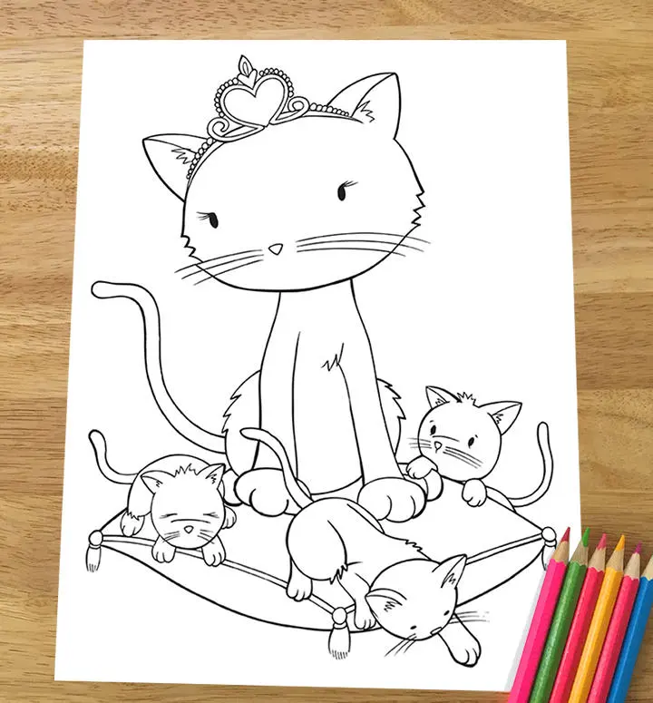 Coloring page featuring a mother cat cuddling with her small kittens for preschool students