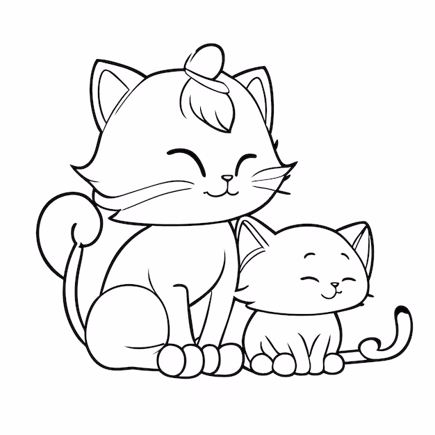 Coloring page featuring a mother cat cuddling with her kittens for Pre-K students