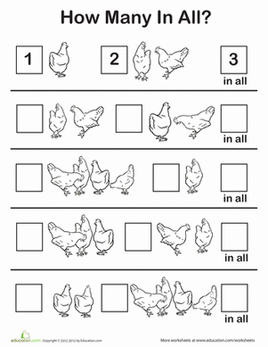 Cute chickens on a worksheet designed for preschool addition practice