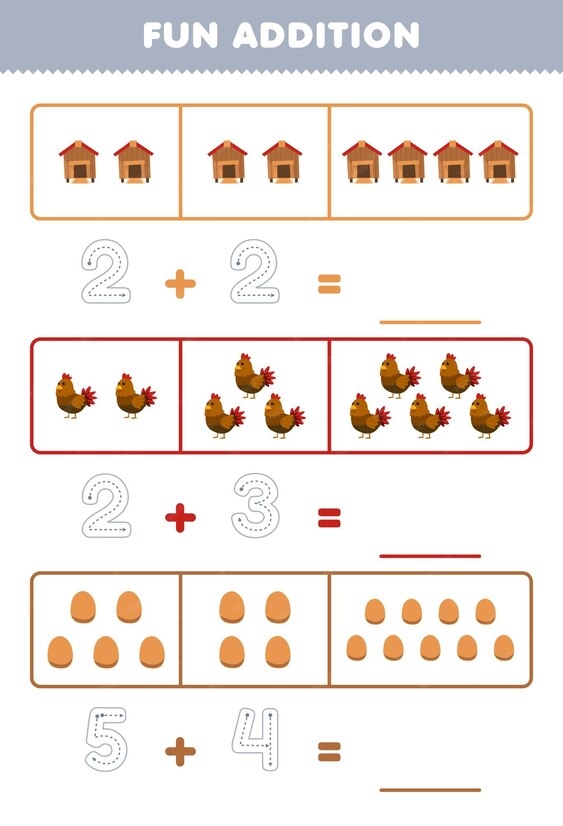 Cute chickens providing a fun visual aid for preschoolers learning addition