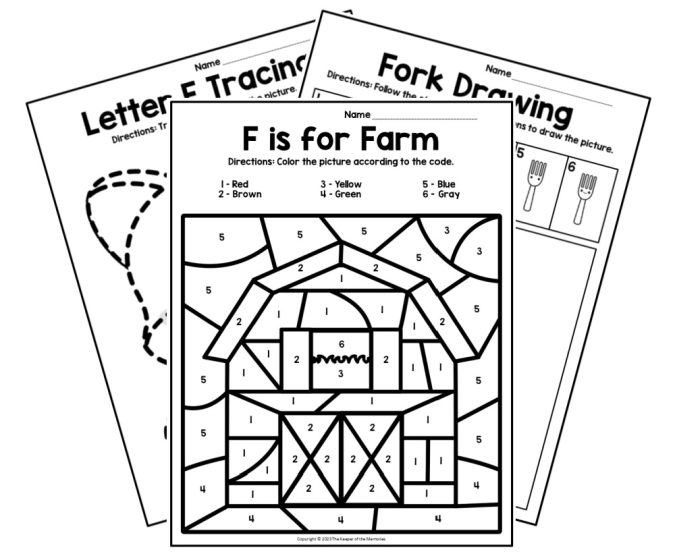 Preschool worksheet for letter F with coloring activities and phonetic practice