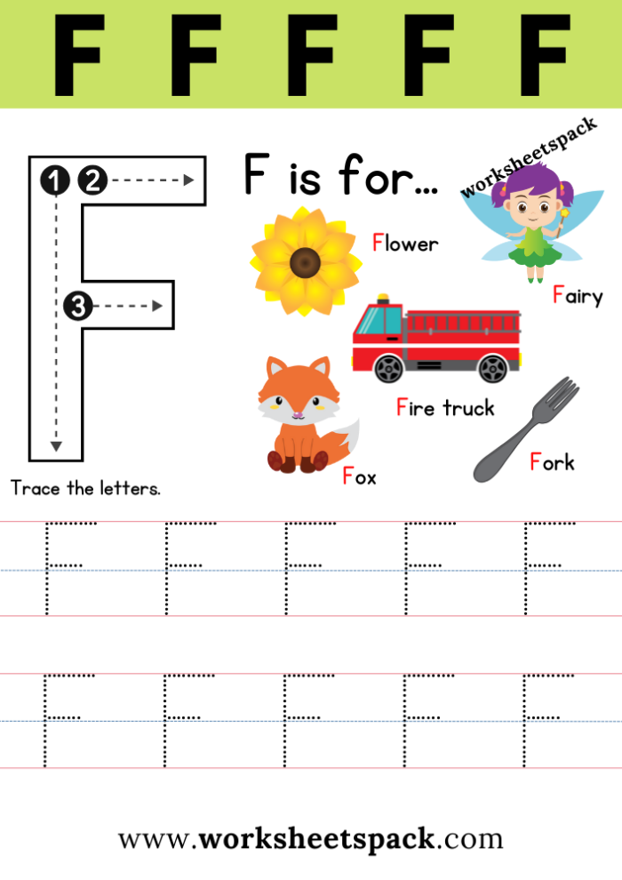 Preschooler coloring page featuring the letter F and fun illustrations for early literacy practice