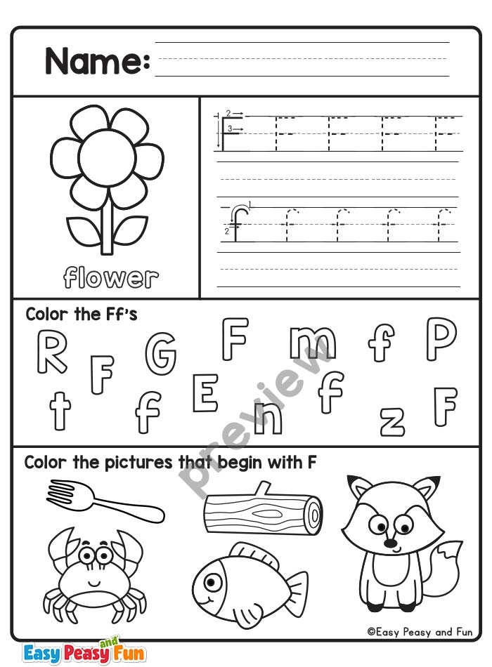 Preschooler coloring worksheet for learning the letter F and phonetic sounds