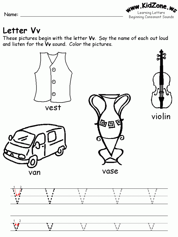 Preschool worksheet for distinguishing V and W beginning sounds by coloring animal pictures