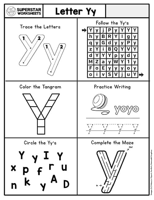 Preschool worksheet featuring a large letter Y to color and pictures of objects starting with the letter Y