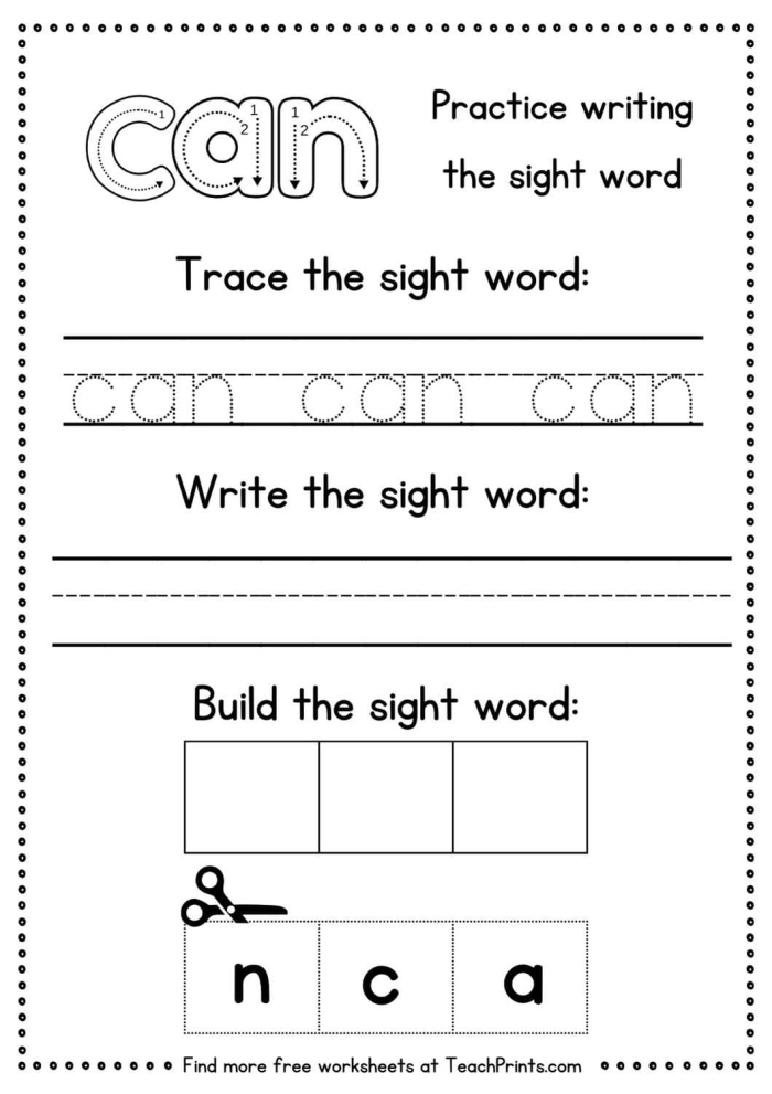 Colorful worksheet featuring the sight word "can" for preschoolers to engage with through coloring.