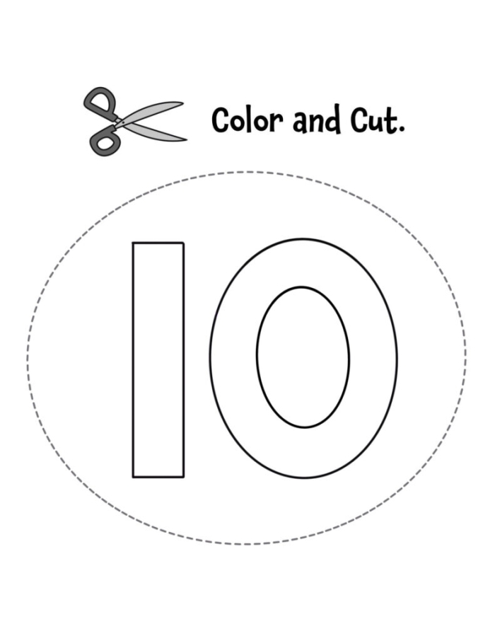 A preschool worksheet showing 10 objects to count and trace the number 10