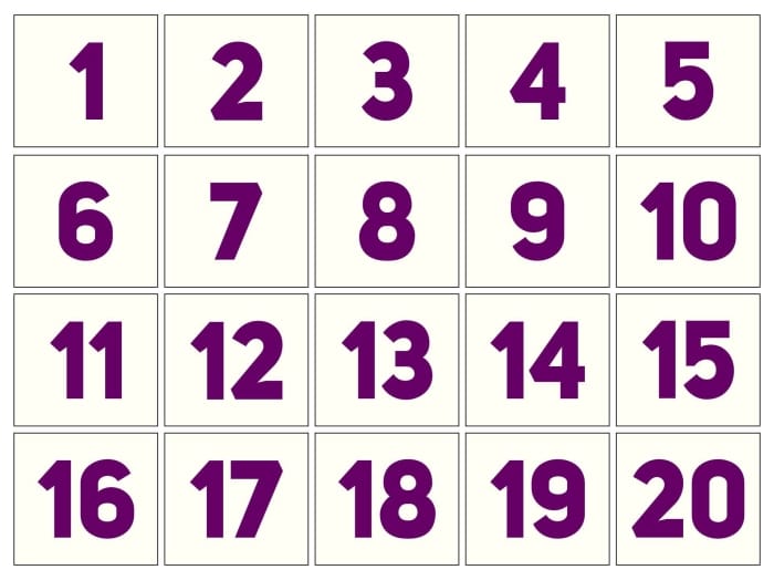 Colorful number cards from 1 to 20 for preschool counting practice