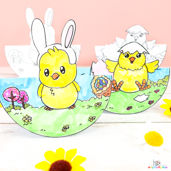 Preschoolers coloring Easter chick stand-up figures for a numbers and counting activity