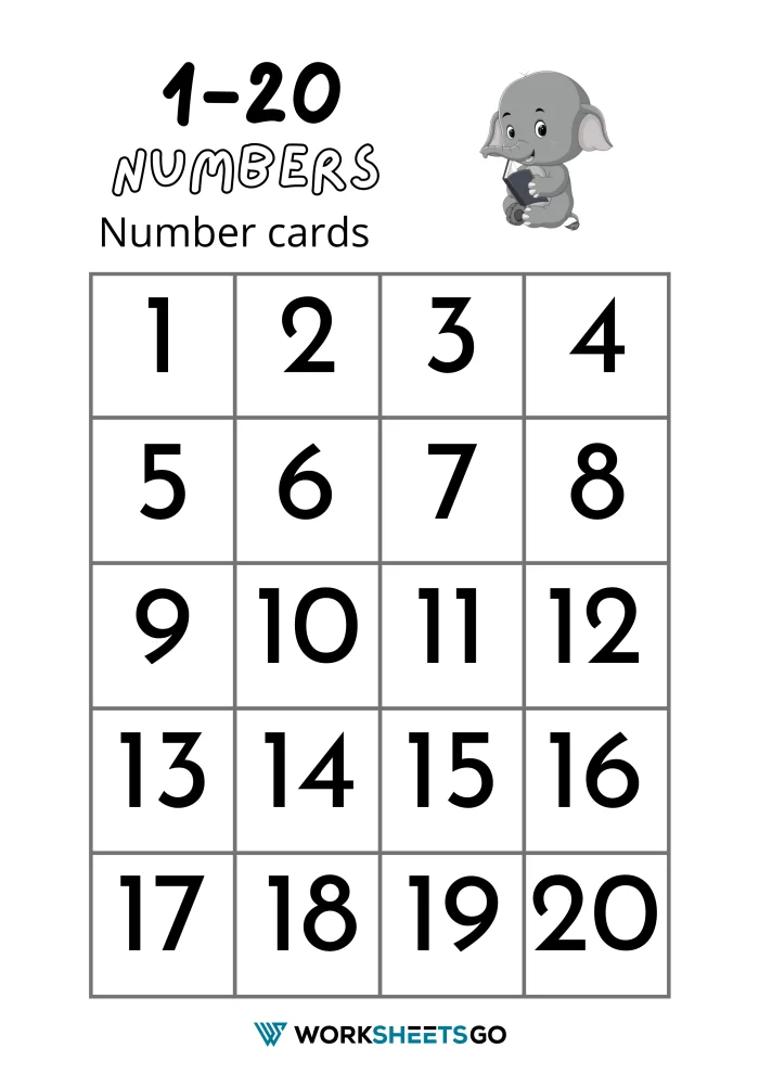 Number cards featuring numbers 1 to 20 for preschool counting activities