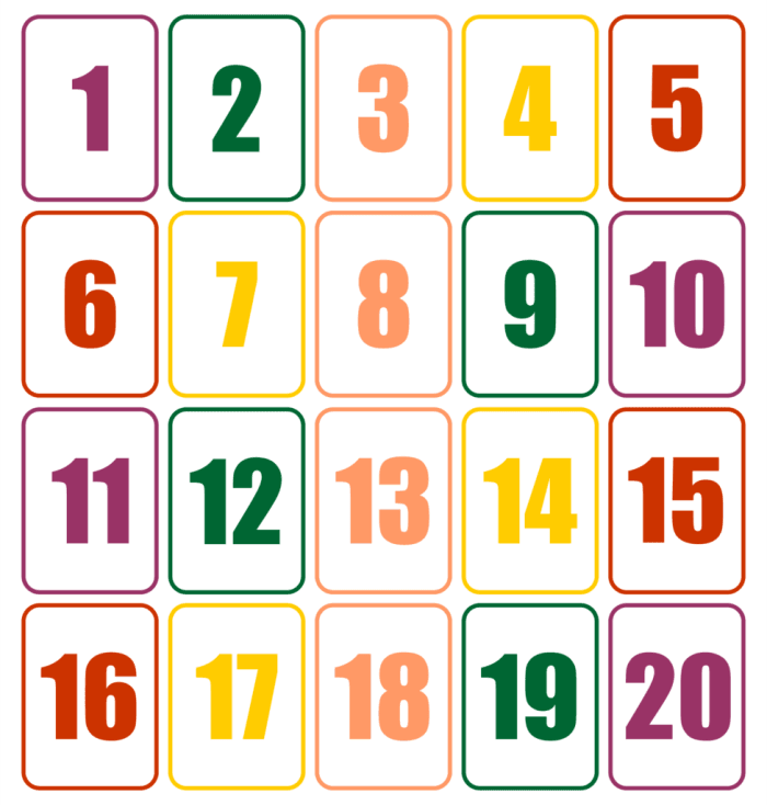 Colorful number cards from 1 to 20 for preschool counting practice