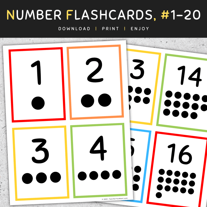 Colorful number cards from 1 to 20 for preschool counting practice