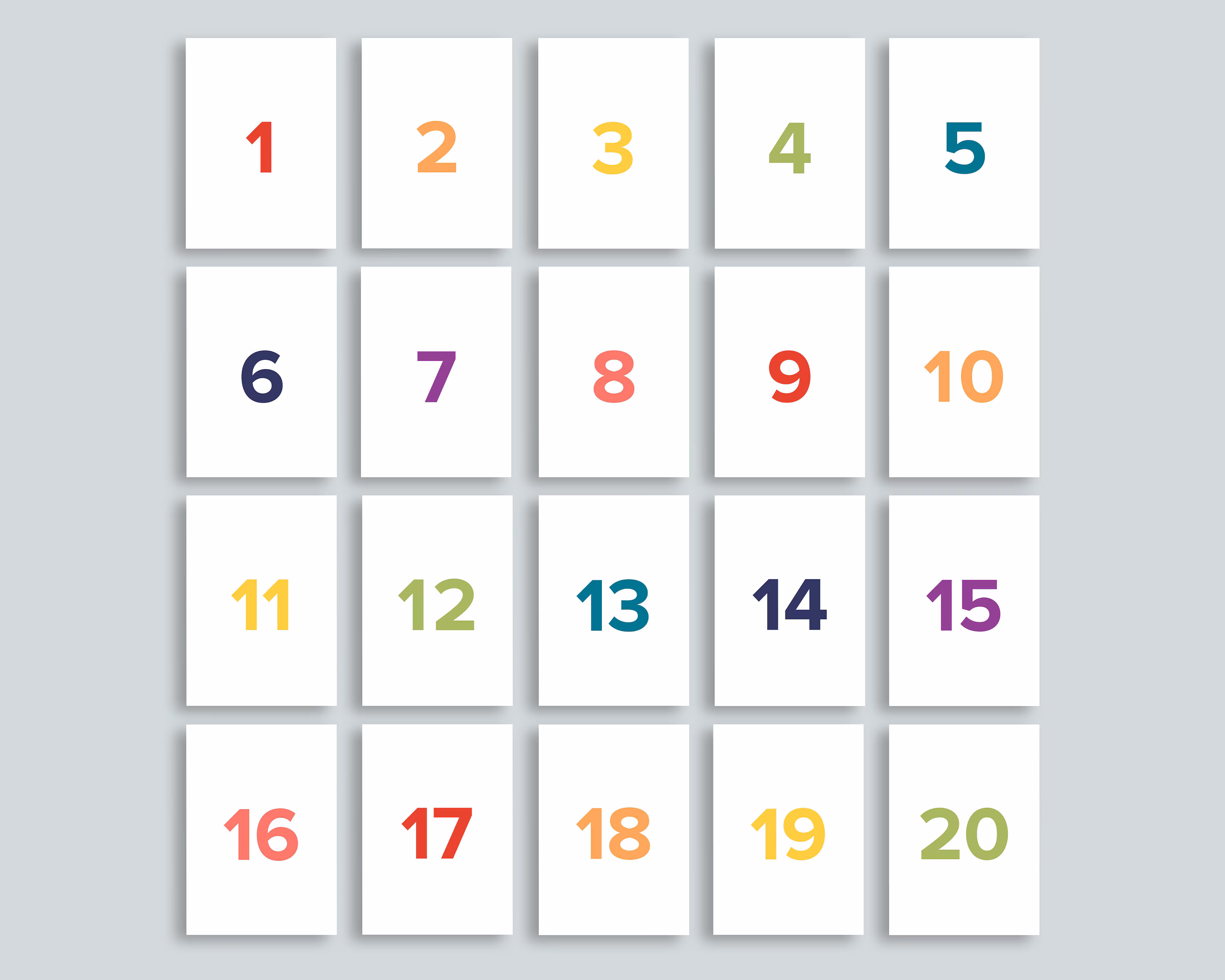 Number cards featuring numerals 1 to 20 for preschool counting activities