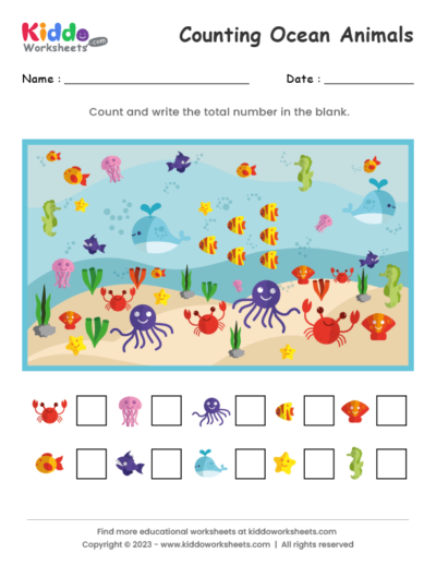 Preschoolers counting colorful fish on an addition worksheet page three