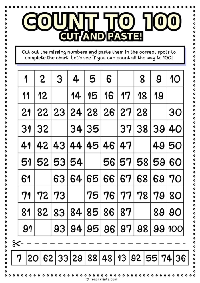 Pre-K Count to 100 Hundreds Chart Number Practice Worksheet Brightly colored hundreds chart worksheet for preschool students to practice counting to 100