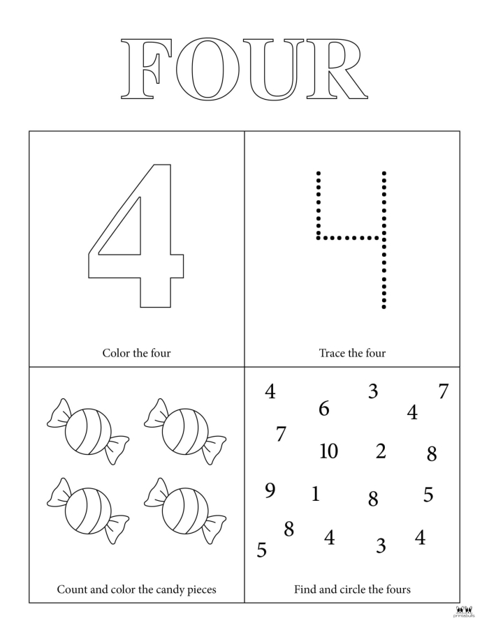 Know Your Numbers Worksheet 8 Learning the Number Four Preschool math worksheet featuring counting exercises for the number four