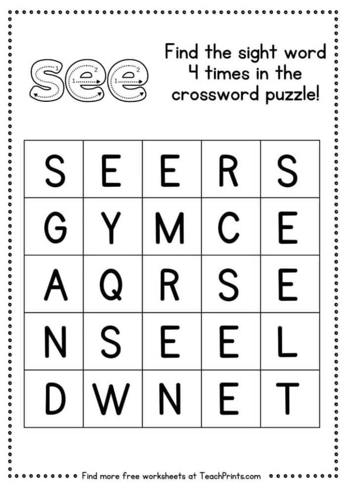 Worksheet featuring a creative activity for preschoolers to design a creature using the sight word "see