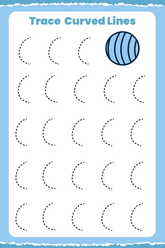 Preschool worksheet showing curved dotted lines connecting various shapes to matching real-world objects for tracing practice