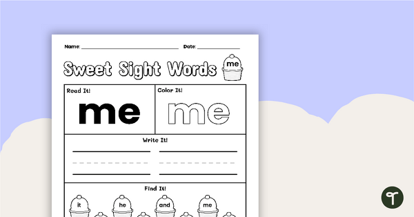 Preschooler decorating the word me using decoupage techniques on a sight word worksheet