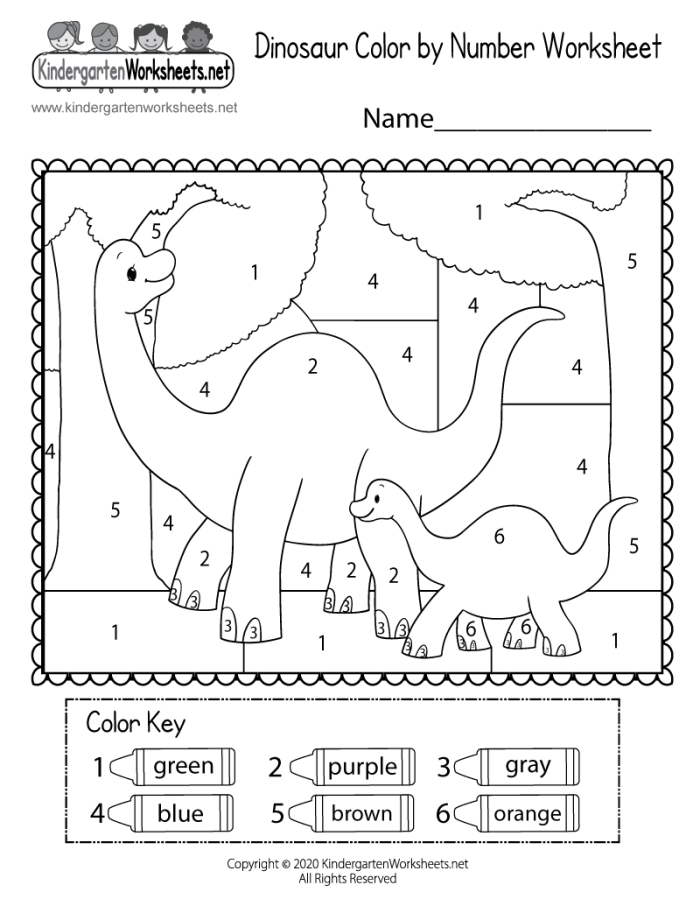 Color by number worksheet featuring playful dinosaur illustrations for preschoolers