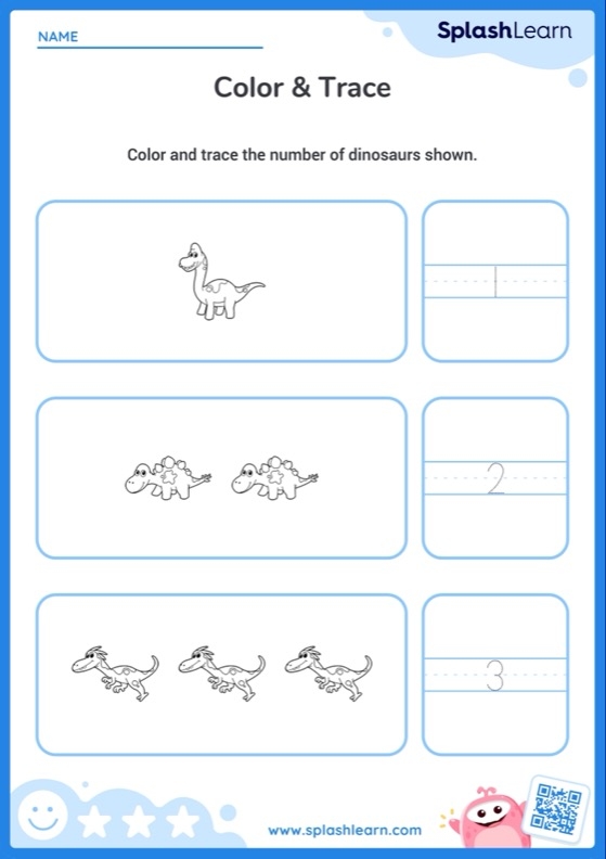 Color by number worksheet featuring playful dinosaurs for preschoolers