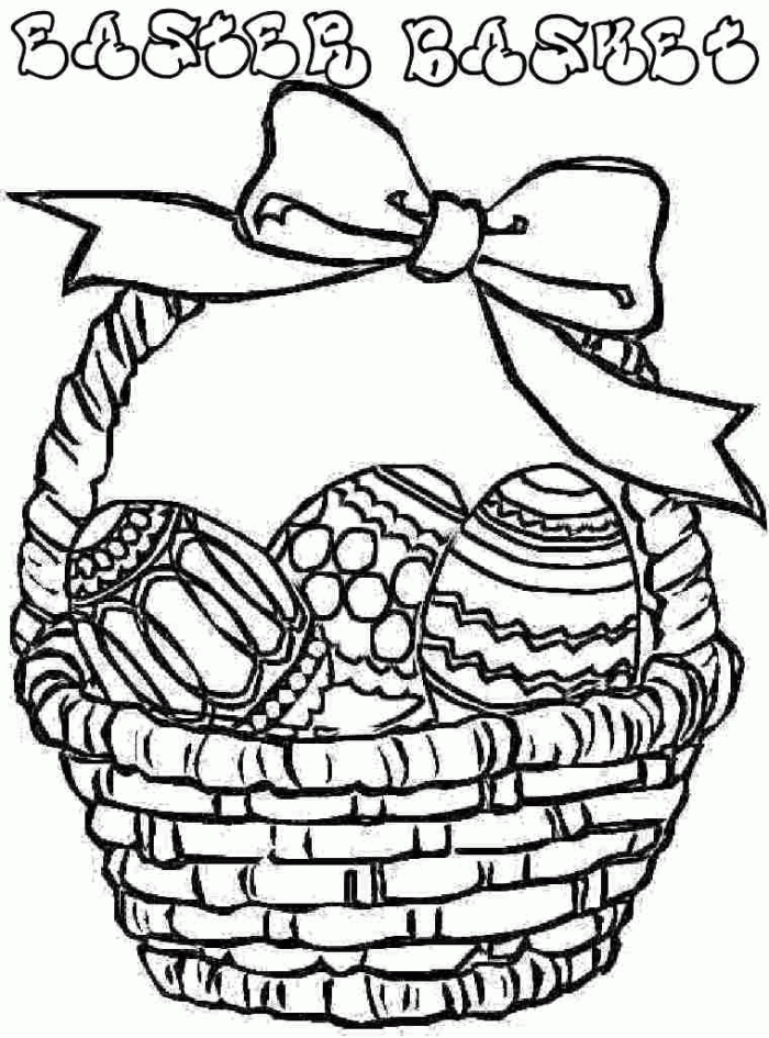 Easter basket filled with decorated eggs and spring flowers for preschool coloring activity