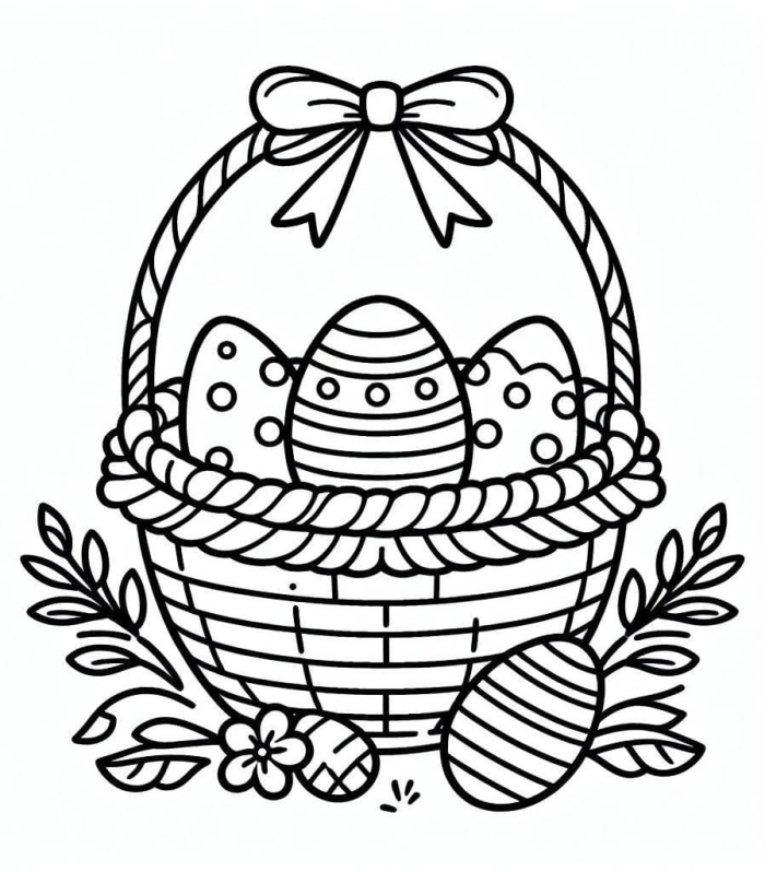 Easter basket filled with decorated eggs and spring flowers for preschool coloring activity number 16