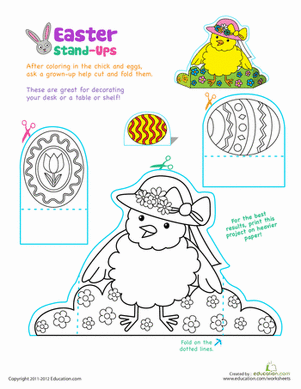 Cute yellow and orange Easter chicks with numbers one through ten for preschoolers to color and cut out as stand-up decorations