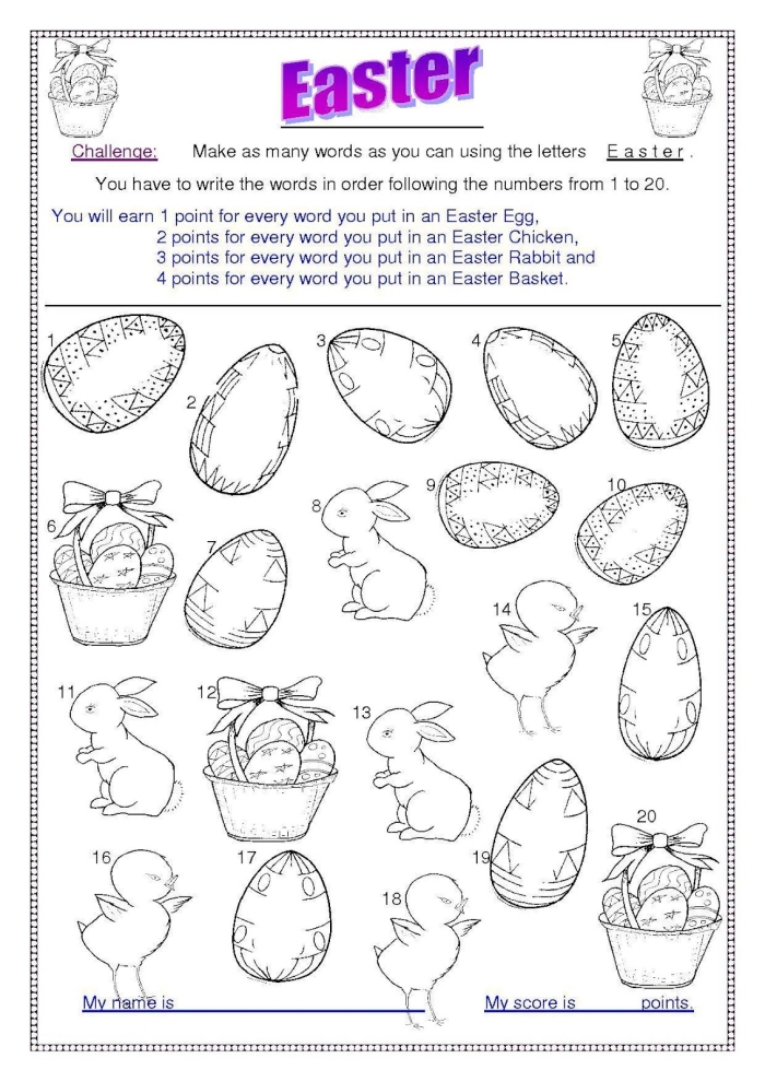 Colorful Easter eggs and spring symbols for preschool students to color and practice basic shapes