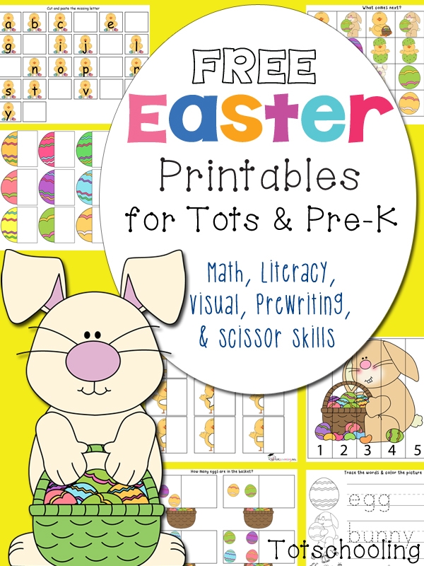 Pre-K reading worksheet featuring the Easter Bunny painting a blank egg with space for children to add colors and patterns