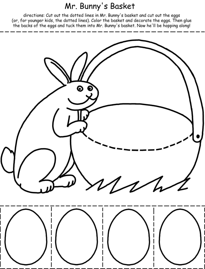 Preschoolers coloring Easter eggs bunnies and chicks on an algebra activity sheet