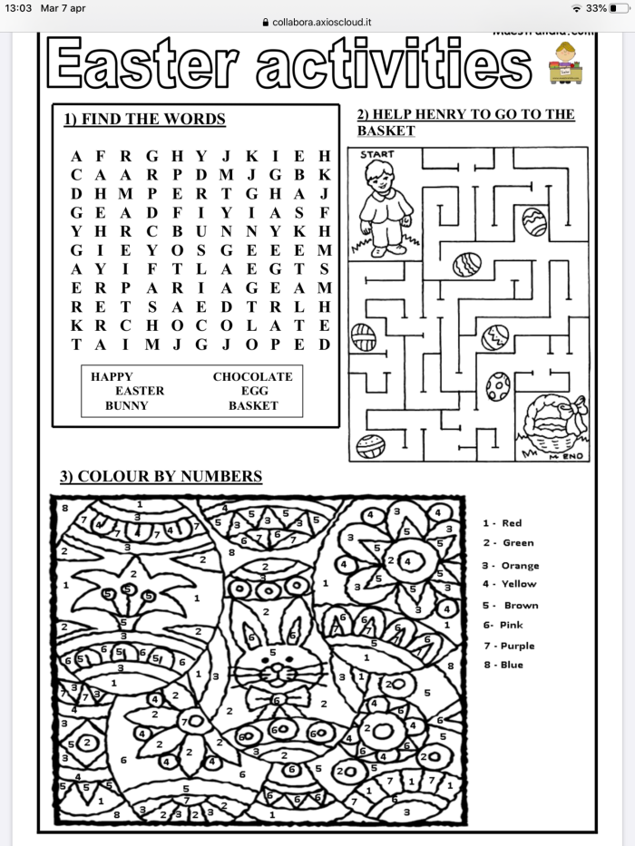 Preschooler coloring page featuring Easter eggs, bunnies, and chicks for early math practice