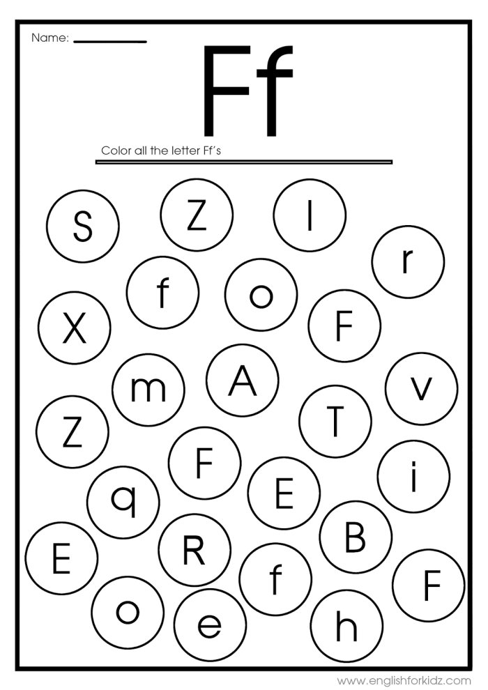 Preschool worksheet featuring the letter F and fun illustrations for coloring practice