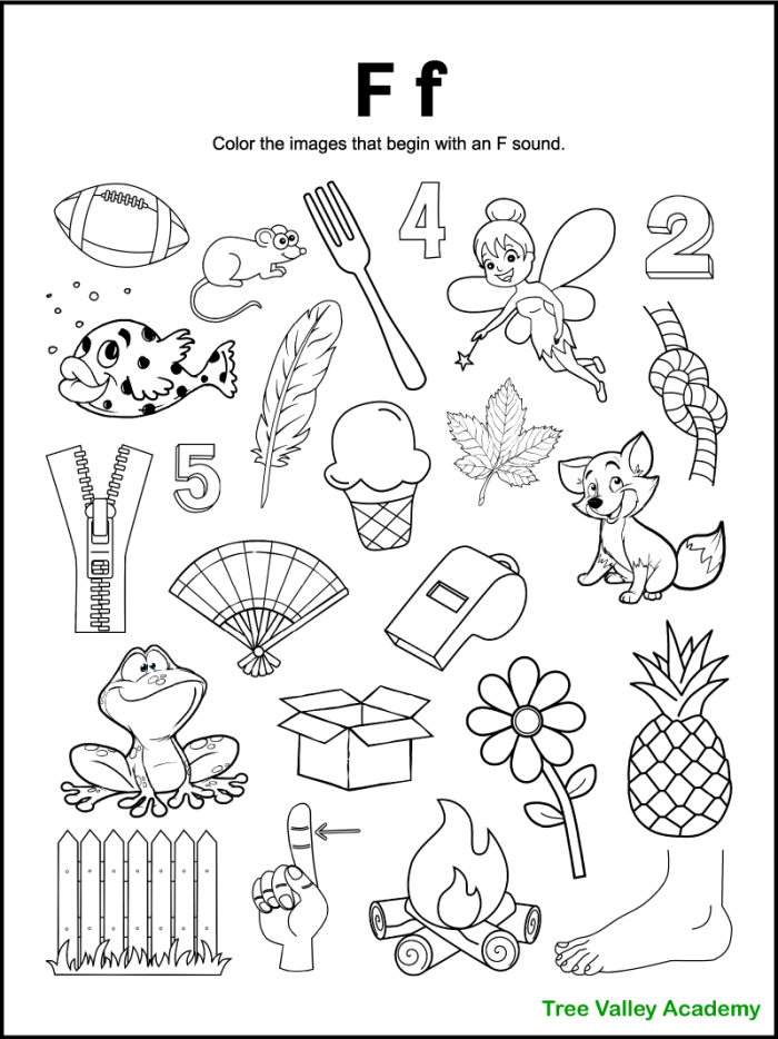 Preschooler coloring worksheet for learning the letter F and phonetic sounds