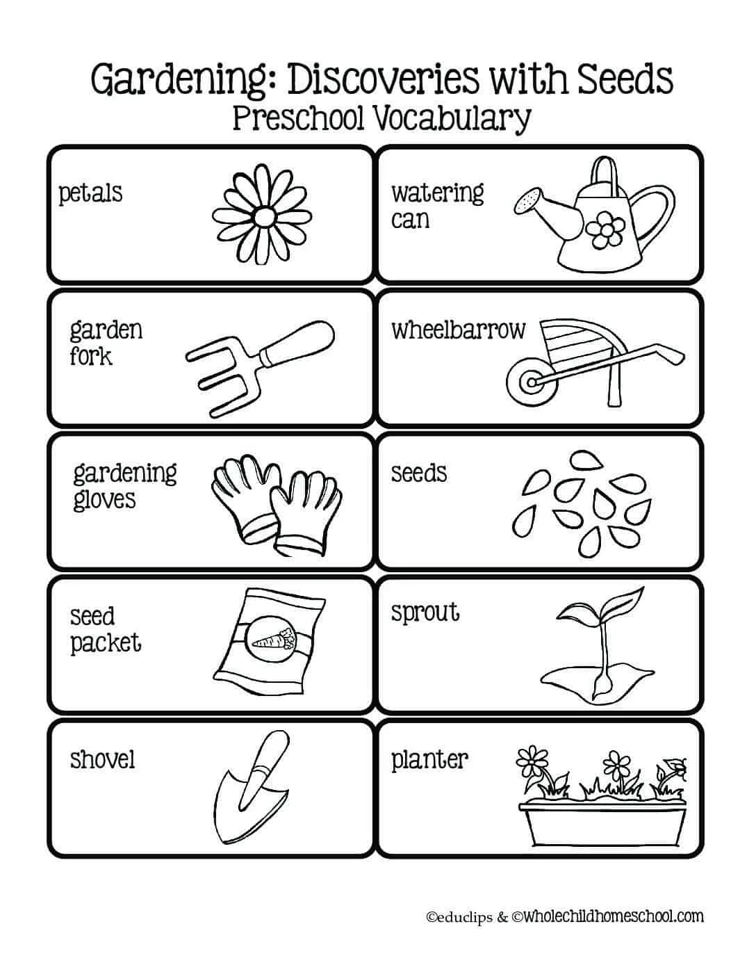 Preschool student coloring and cutting out colorful fruit shapes to plant in a garden worksheet activity