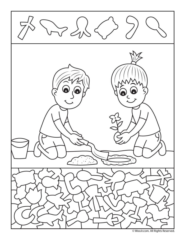 Preschool student coloring and cutting out colorful fruit shapes to plant in a garden worksheet activity