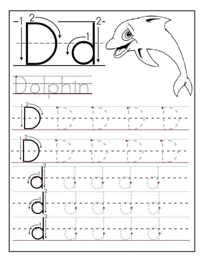 Child tracing dotted lines and the letter D on a prekindergarten writing practice worksheet to develop fine motor skills