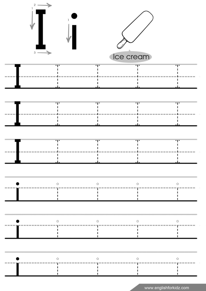 Practice Tracing the Letter I worksheet for Pre-K students, image 23 A worksheet for preschoolers to practice tracing the letter I and improve fine motor skills