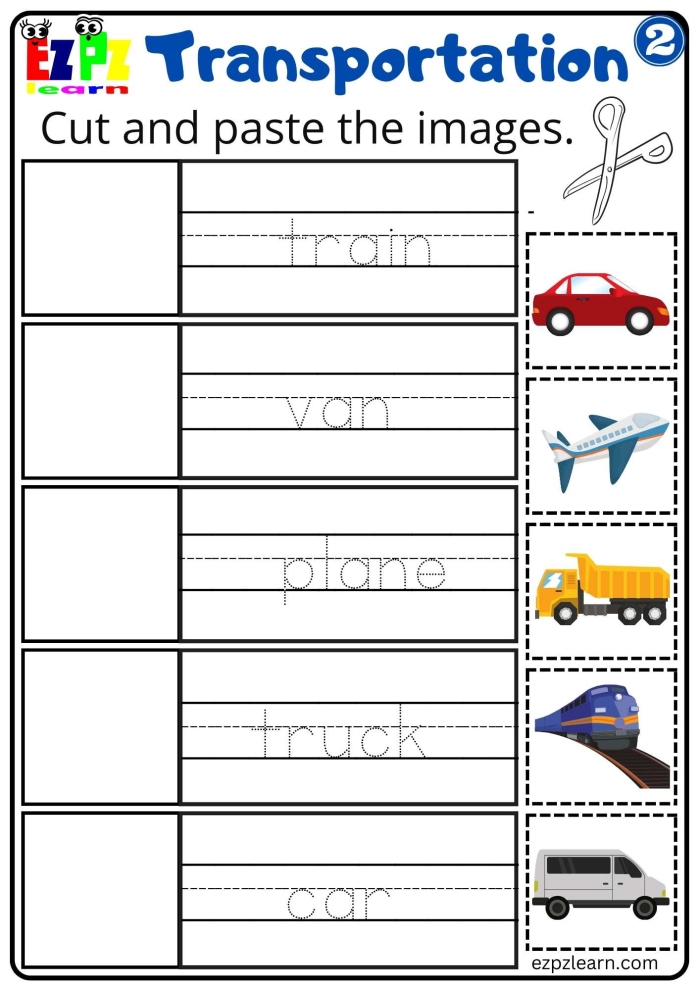Preschooler practicing vehicle sorting with a transportation cut-and-paste activity worksheet 19