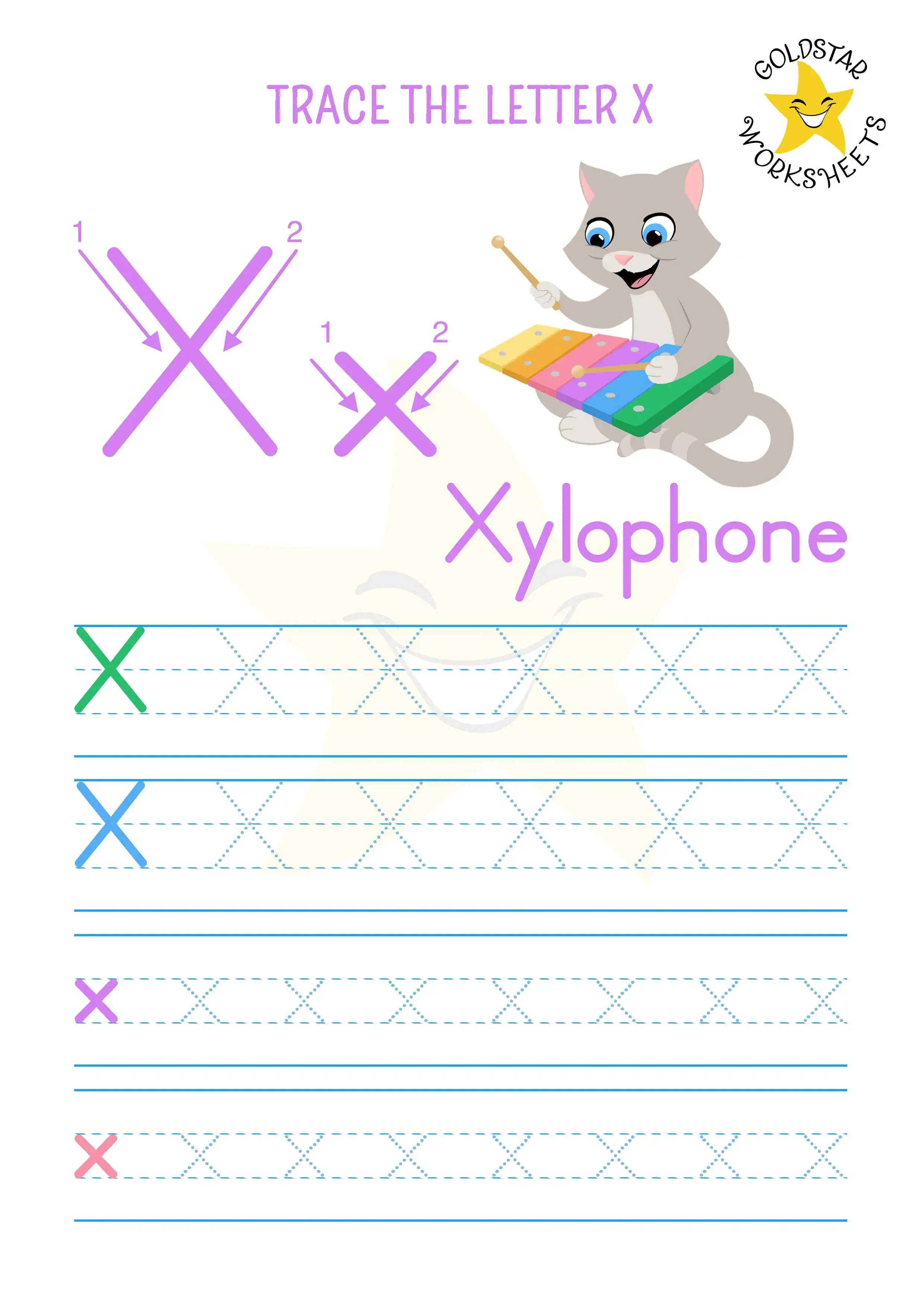 Tracing worksheet for preschoolers to practice writing the letter X and improve fine motor skills