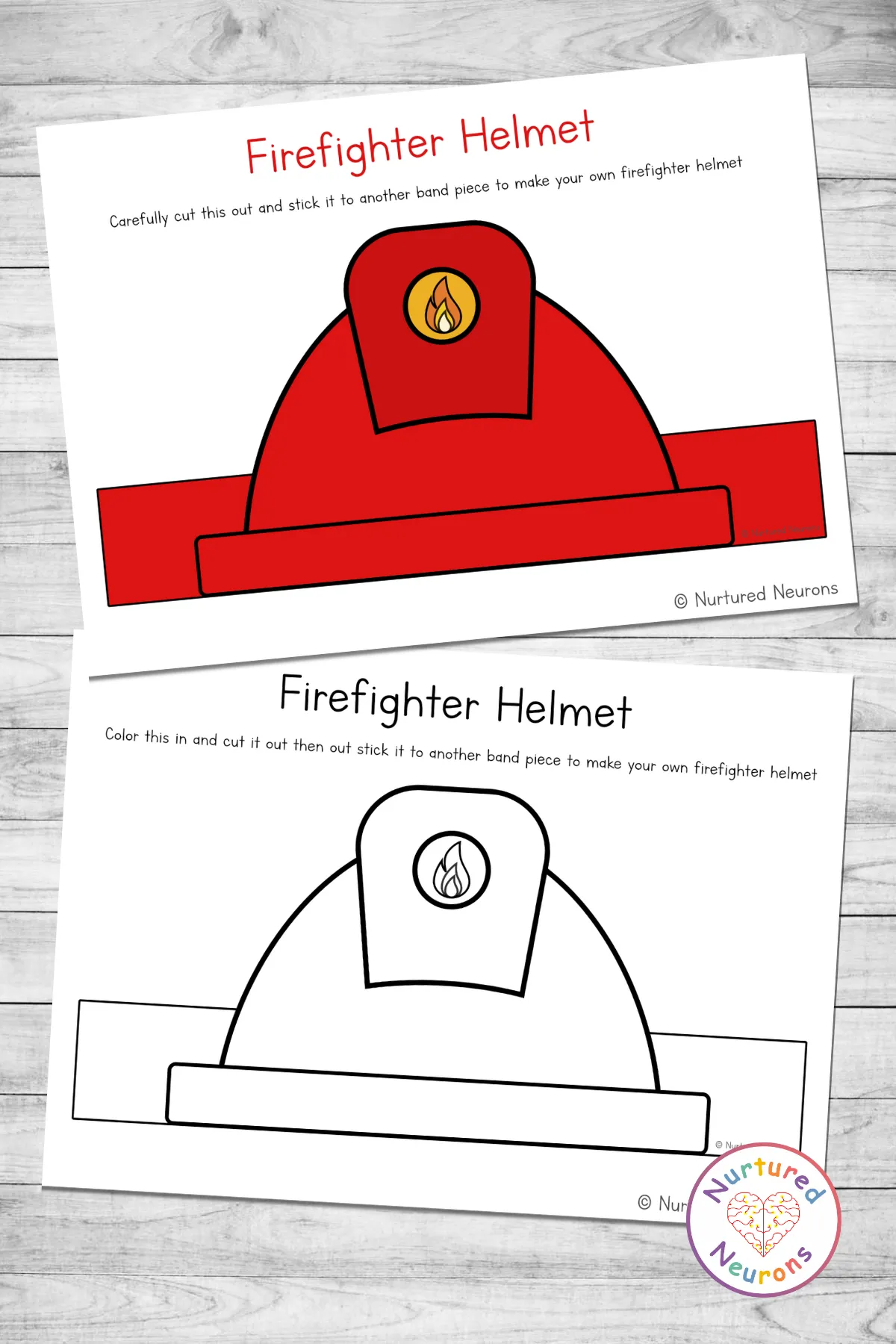 A coloring page featuring a firefighter hat for preschool children to decorate
