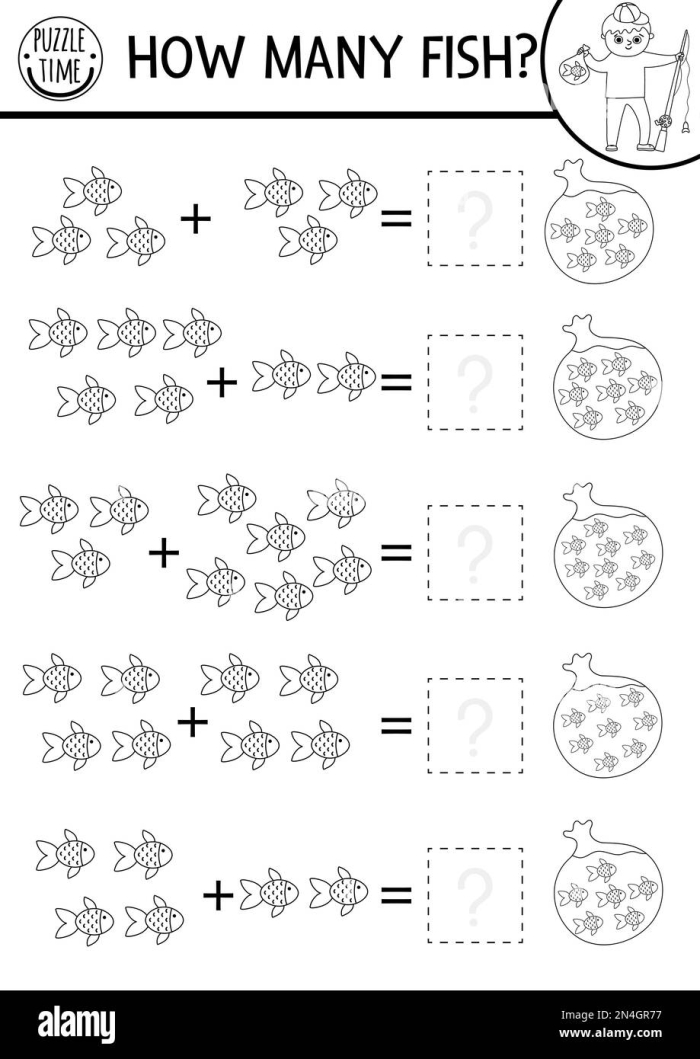 Colorful fish counting worksheet for preschoolers focusing on addition skills.